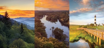 Three scenic views: misty mountain sunrise, winding river through forest, striped lighthouse with boardwalk