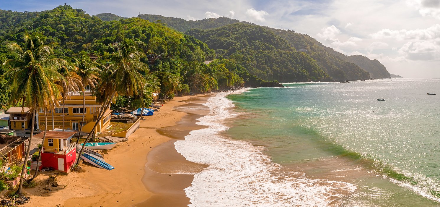 Beautiful tropical Barbados island. View of the golden beach with palms and crystal clear water. Perfect holidays background