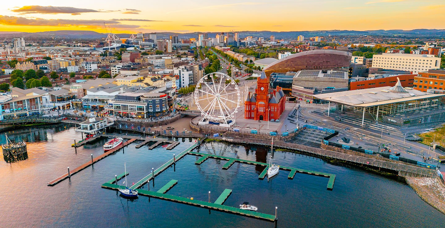 Sunset panorama view of Cardiff bay in Wales