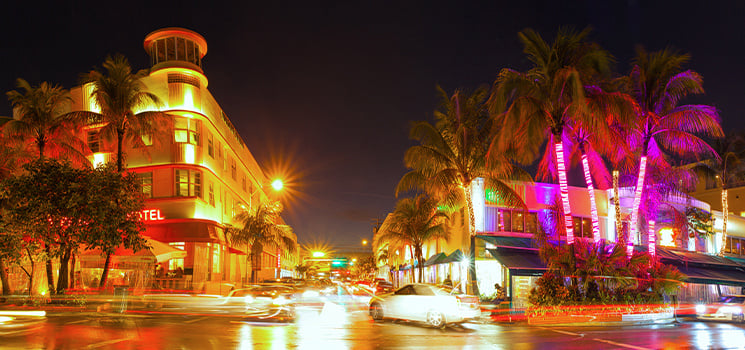 Colorful summer night scene on Ocean Drive Art Deco District in Miami