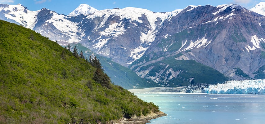 Alaskan coastline with snow-capped peaks, green hills, and glacier visible across blue water.