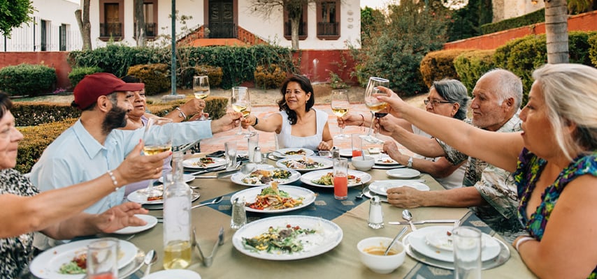 Multigenerational family toasts with wine glasses around outdoor dining table at rustic courtyard meal.