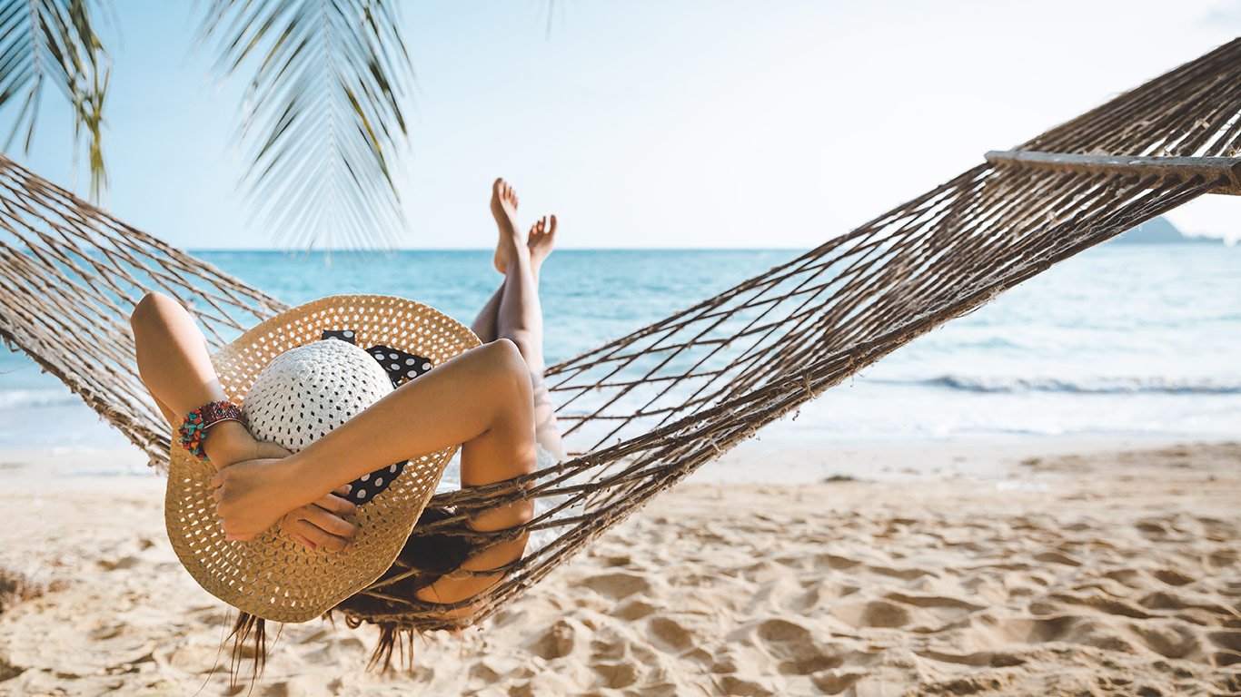 woman relaxing in hammock at the beach in a sun hat