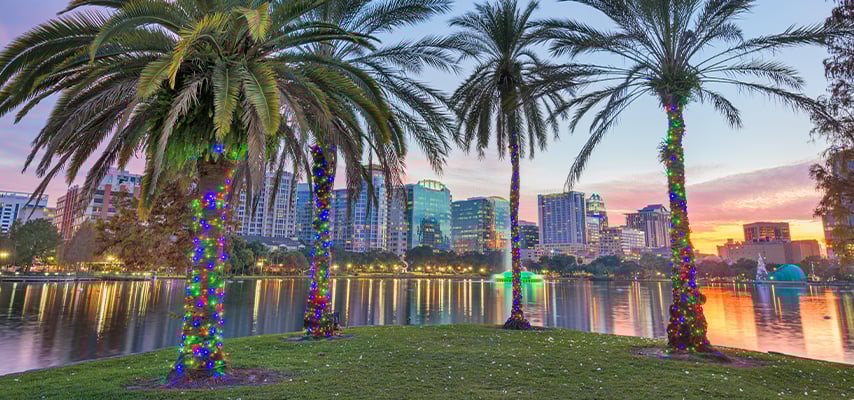 Palm trees wrapped in colorful Christmas lights reflect in lake with city skyline at sunset in Orlando, FL.