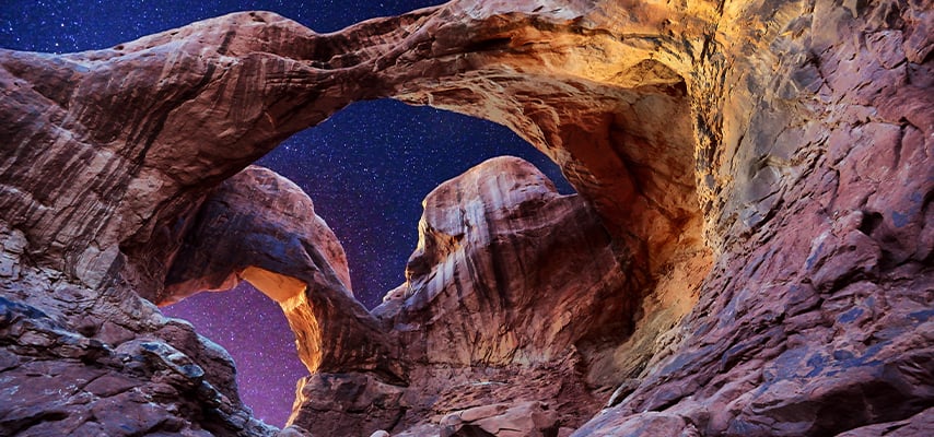 A night shot of Double Arch, Arches National Park, Utah