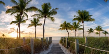 Panorama view of footbridge to beach at sunrise