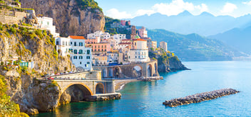 Morning view of Amalfi cityscape on coast line of mediterranean sea, Italy
