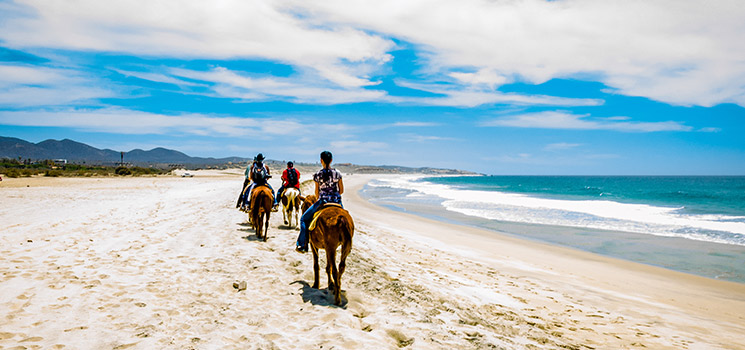 Tourists horseback riding on the beach