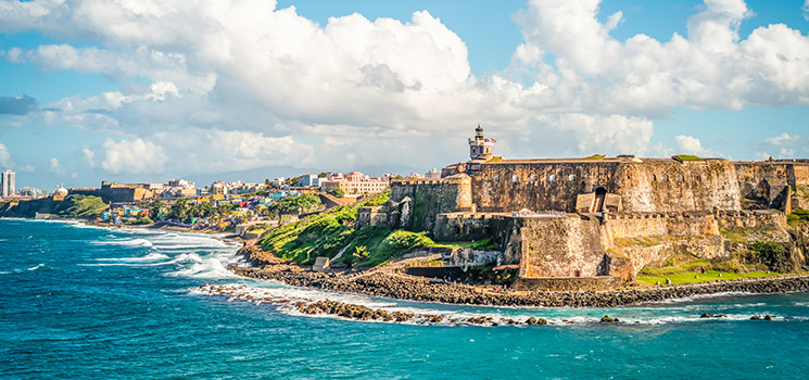 Panoramic landscape of historical castle El Morro along the coastline in San Juan, Puerto Rico