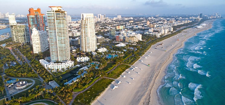 Aerial view of South Beach Miami Florida skyline 