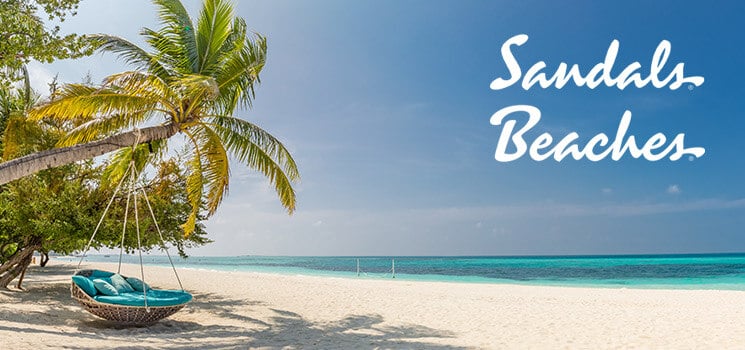 Sandals & Beaches Resorts logo over beack view in the Bahamas